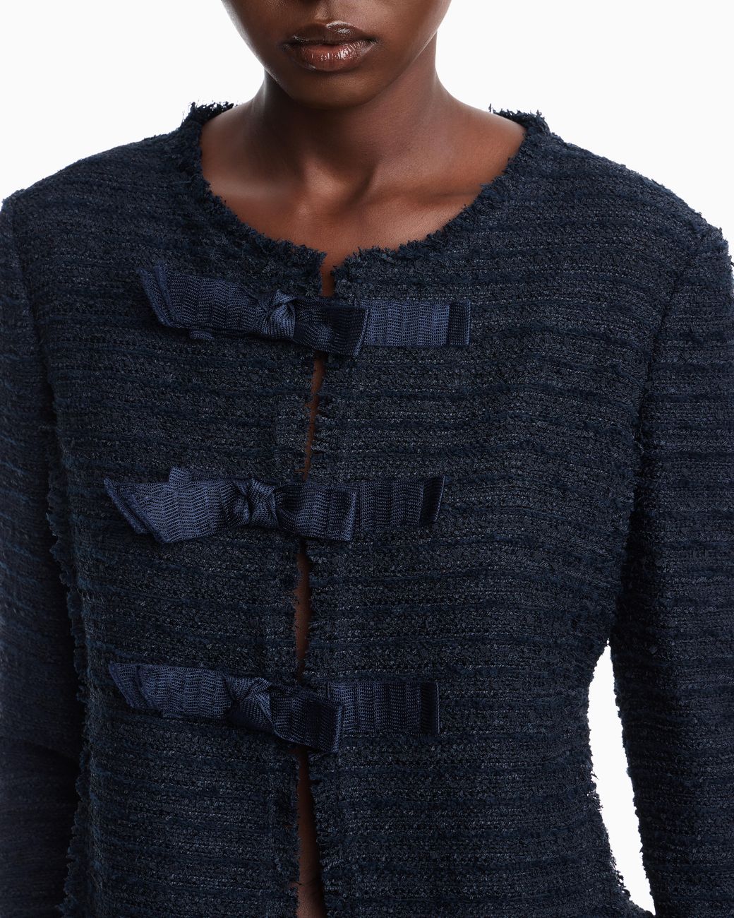 Emporio Armani Blue Unlined Textured Jacket With Ottoman Bows And Round Neckline