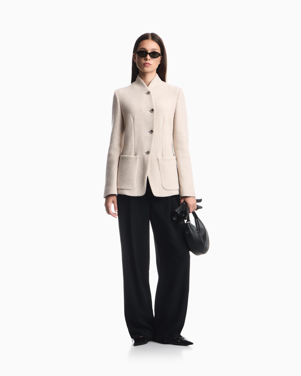 Emporio Armani Natural High-Neck Virgin Wool Blazer With A Jacquard Knit Effect