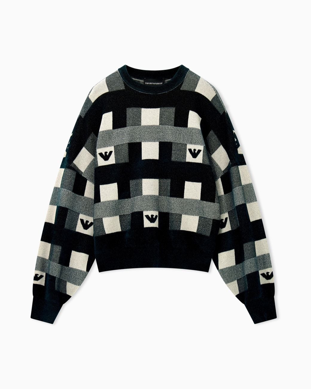 Emporio Armani Black Crew Neck Pullover With Checkered Inlay Graphic And Logo