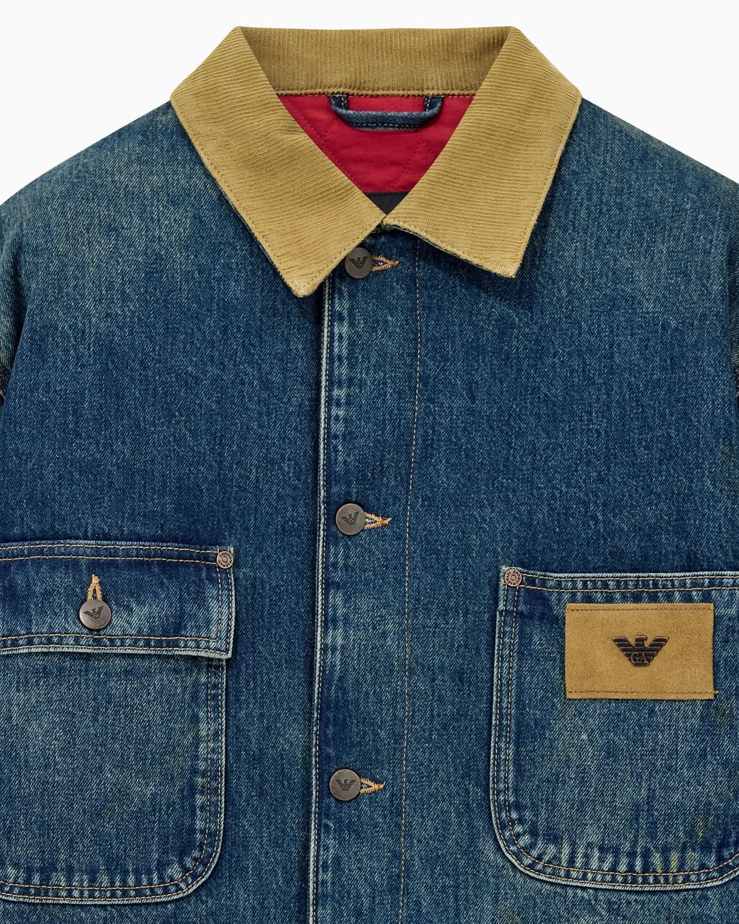 Emporio Armani Blue Cotton Denim Jacket With Corduroy Collar And Patch Pockets for men