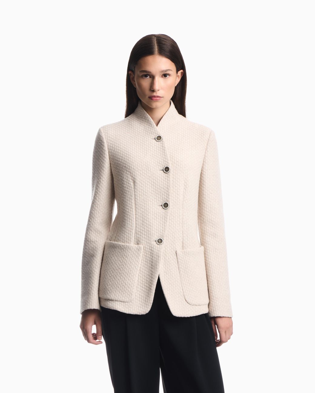 Emporio Armani Natural High-Neck Virgin Wool Blazer With A Jacquard Knit Effect