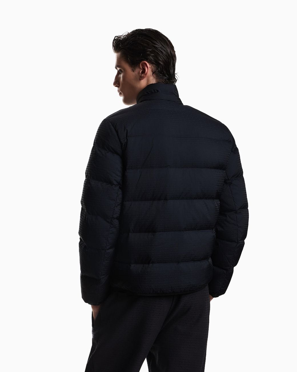Emporio Armani Blue Water-Repellent, Quilted Nylon Down Jacket With Jacquard Logo Lettering for men