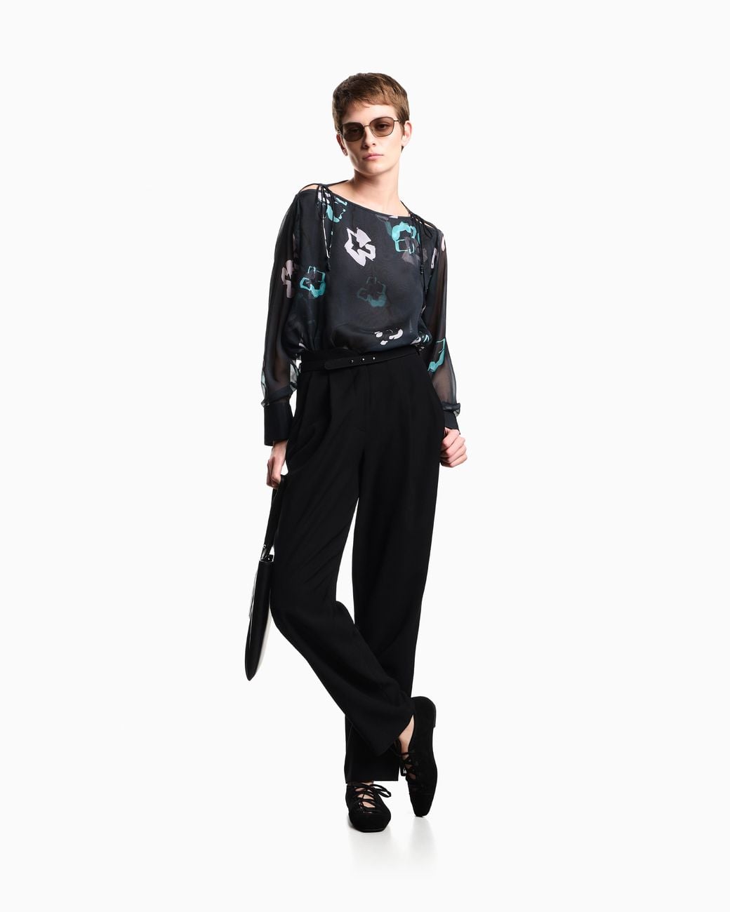 Emporio Armani Blue Sheer Long-Sleeve Silk Chiffon Shirt With A Floral Print