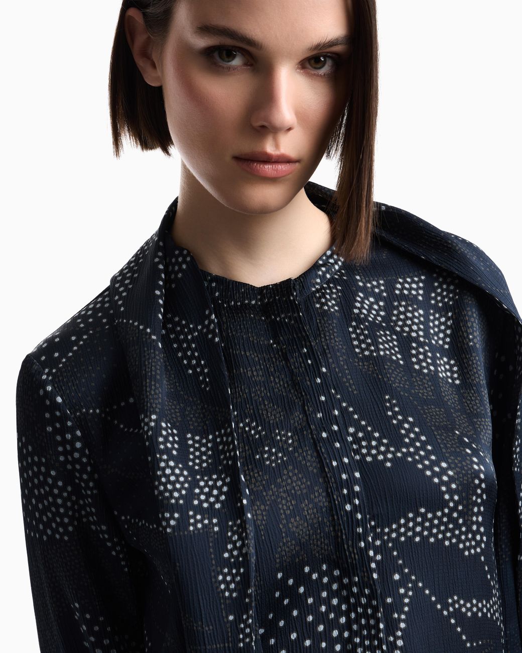 Emporio Armani Blue Creponne Shirt With Dotted Floral Print And A Neck Tie