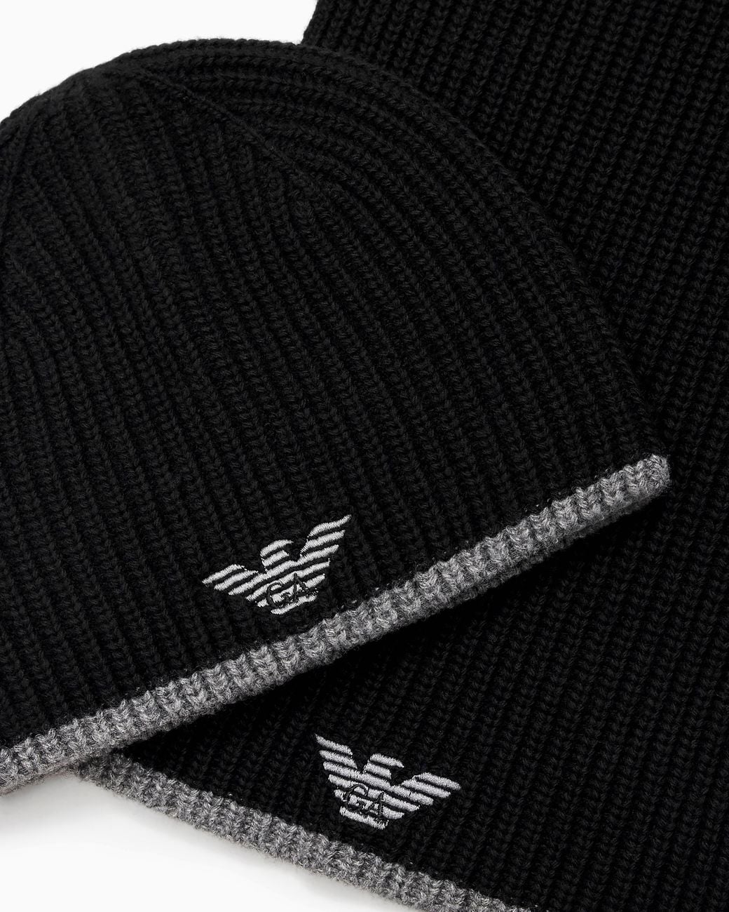Emporio Armani Black Ribbed Wool Eagle Motif Scarf And Hat Set Essential for men