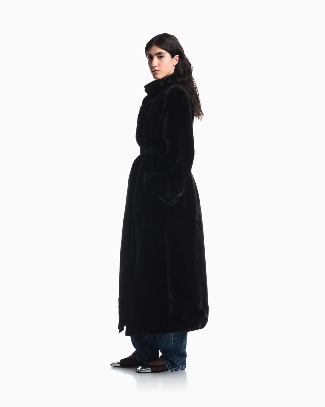 Emporio Armani Black Faux Fur Down Coat With High Collar And Waist Belt