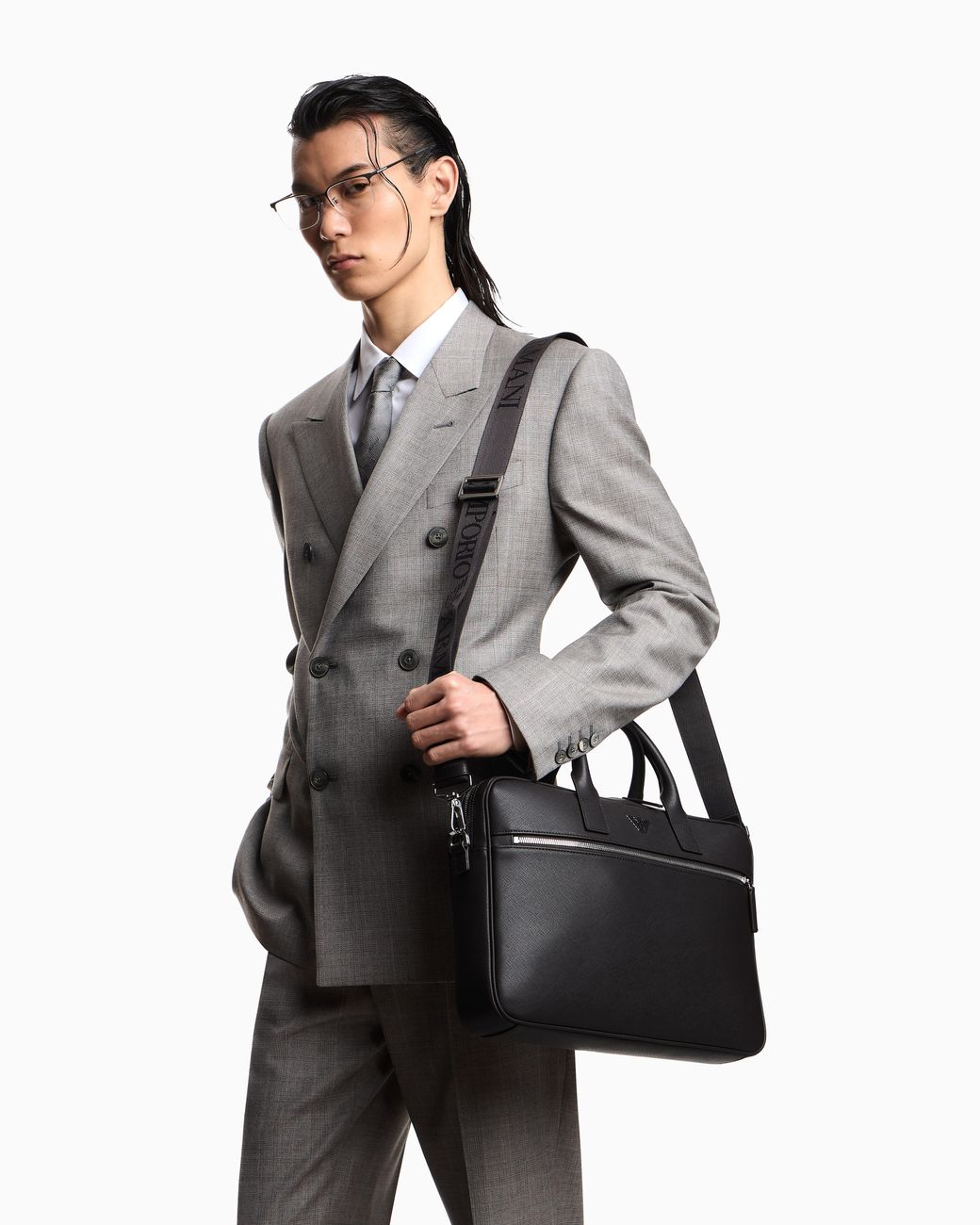 Emporio Armani Blue Saffiano Leather Business Bag With Eagle Plate for men