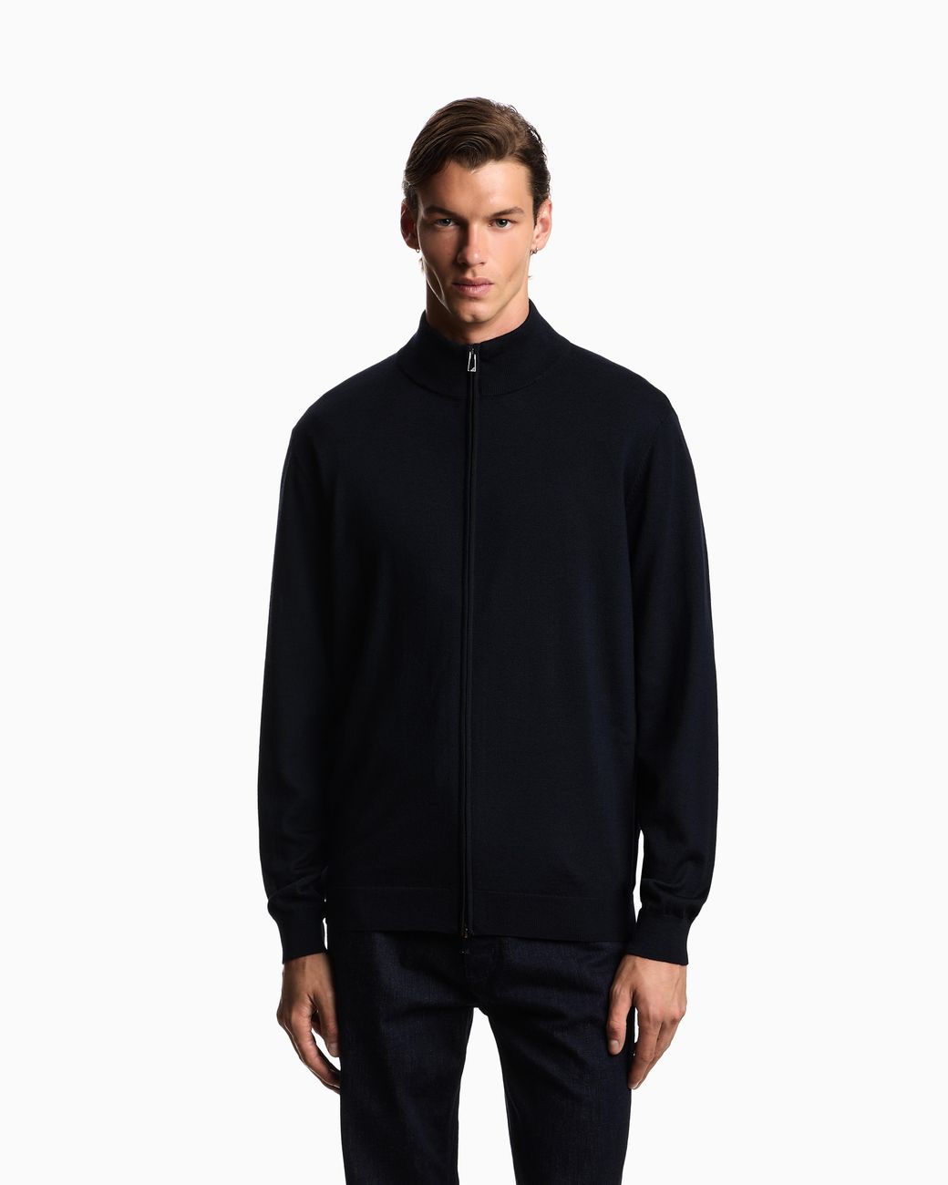 Emporio Armani Blue Plain-Knit, Virgin-Wool Full-Zip Cardigan for men