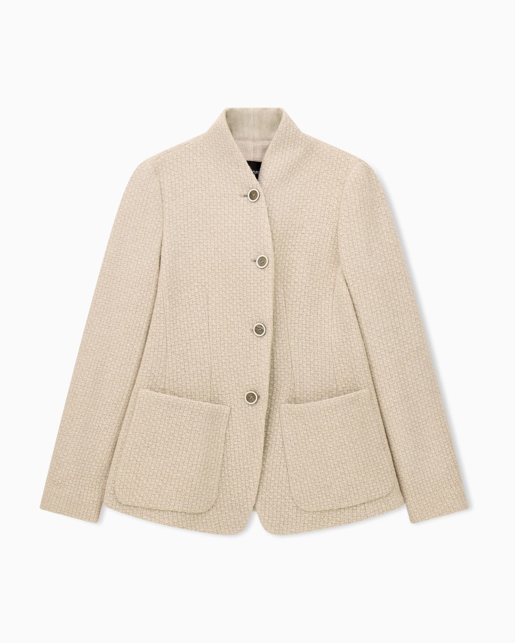 Emporio Armani Natural High-Neck Virgin Wool Blazer With A Jacquard Knit Effect