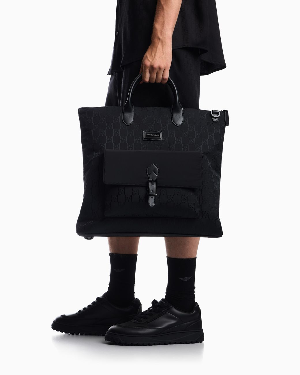 Emporio Armani Black Tote Bag With Monogram Pattern And Bonded Leather Handles for men