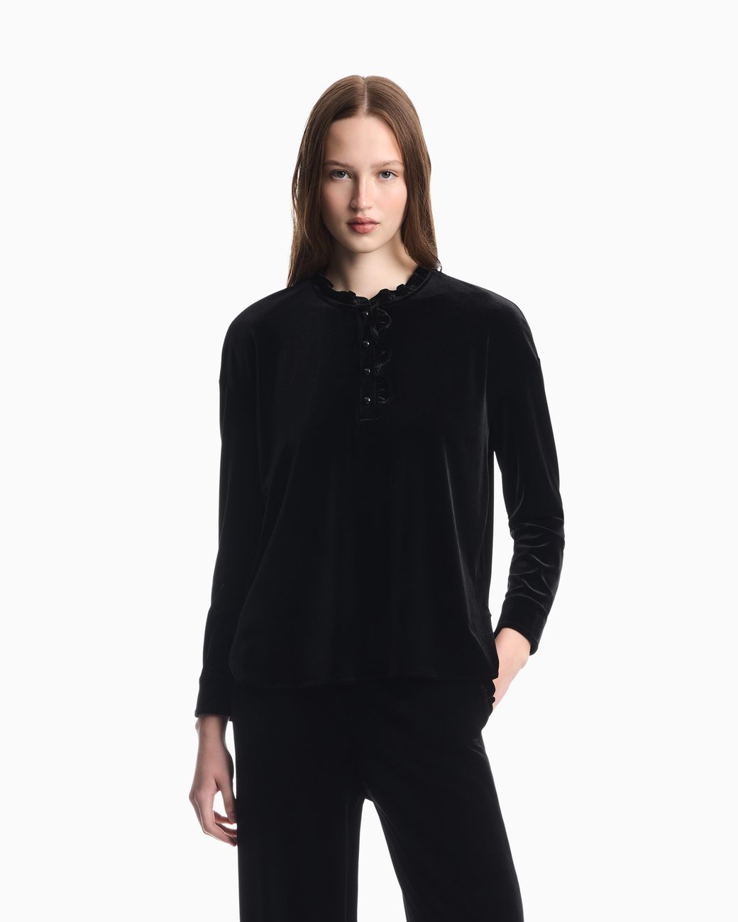 Emporio Armani Blue Chenille Jumper With Ruffled Neckline And Button Placket