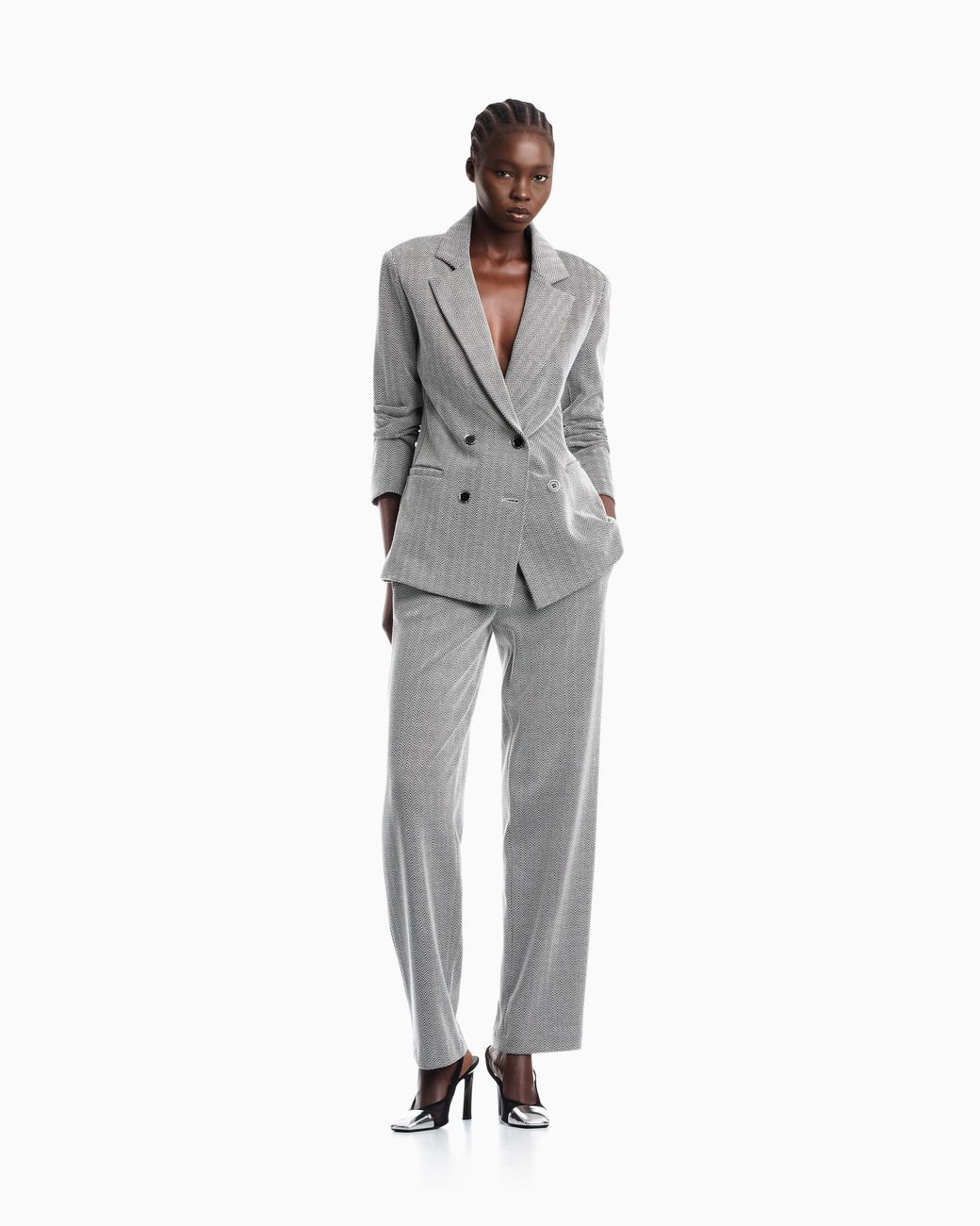 Emporio Armani Gray Double-Breasted Cotton Jersey Blazer With A Chevron Pattern