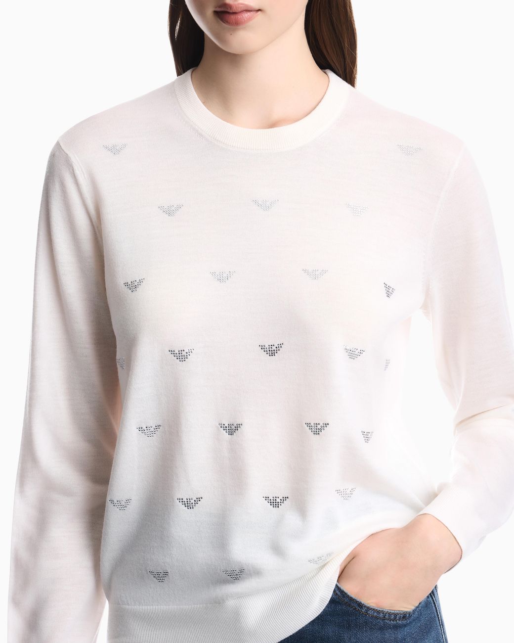 Emporio Armani White Crew-Neck Virgin Wool Pullover With Rhinestone Details