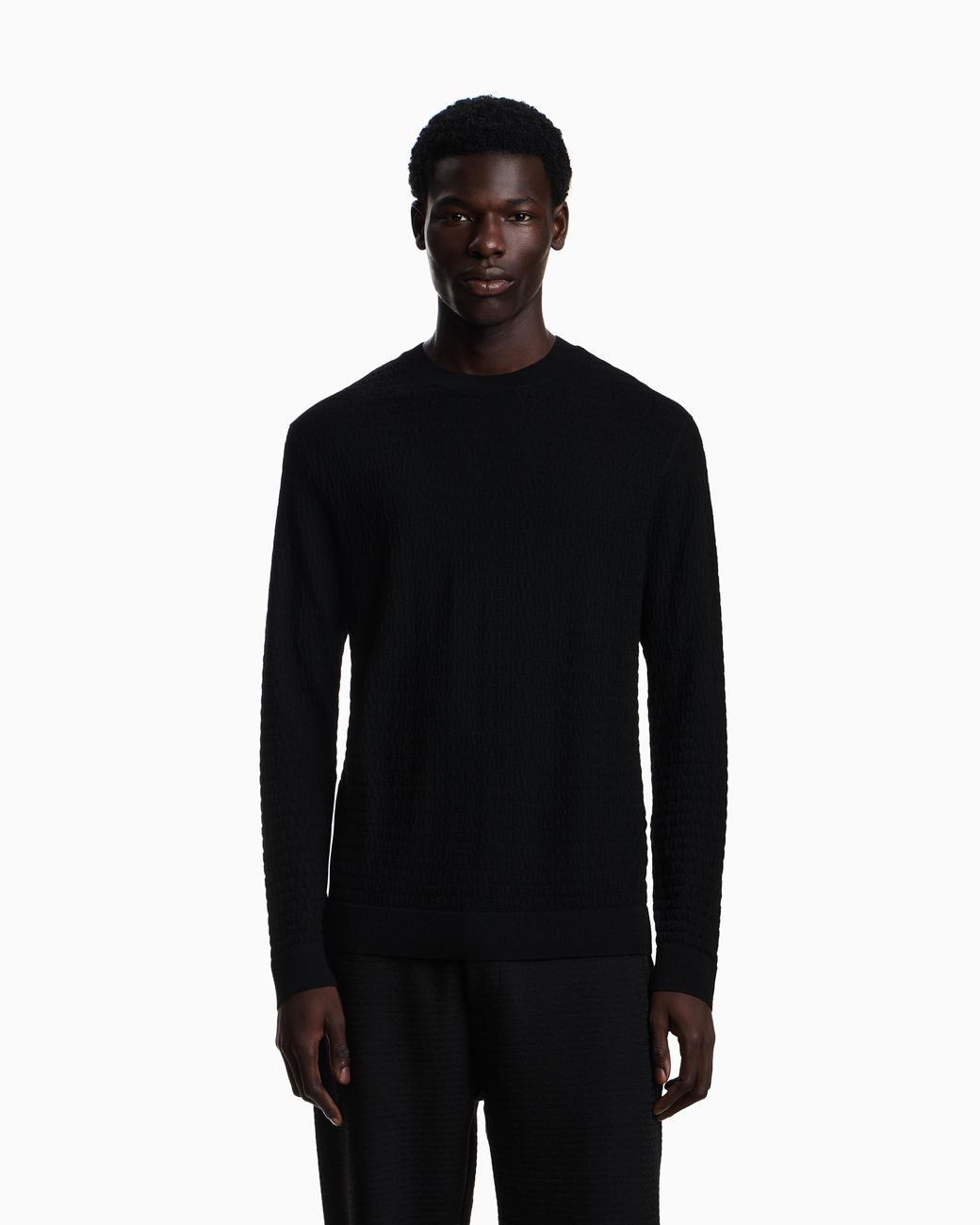 Emporio Armani Black Virgin-Wool Jumper With All-Over Jacquard Lettering for men