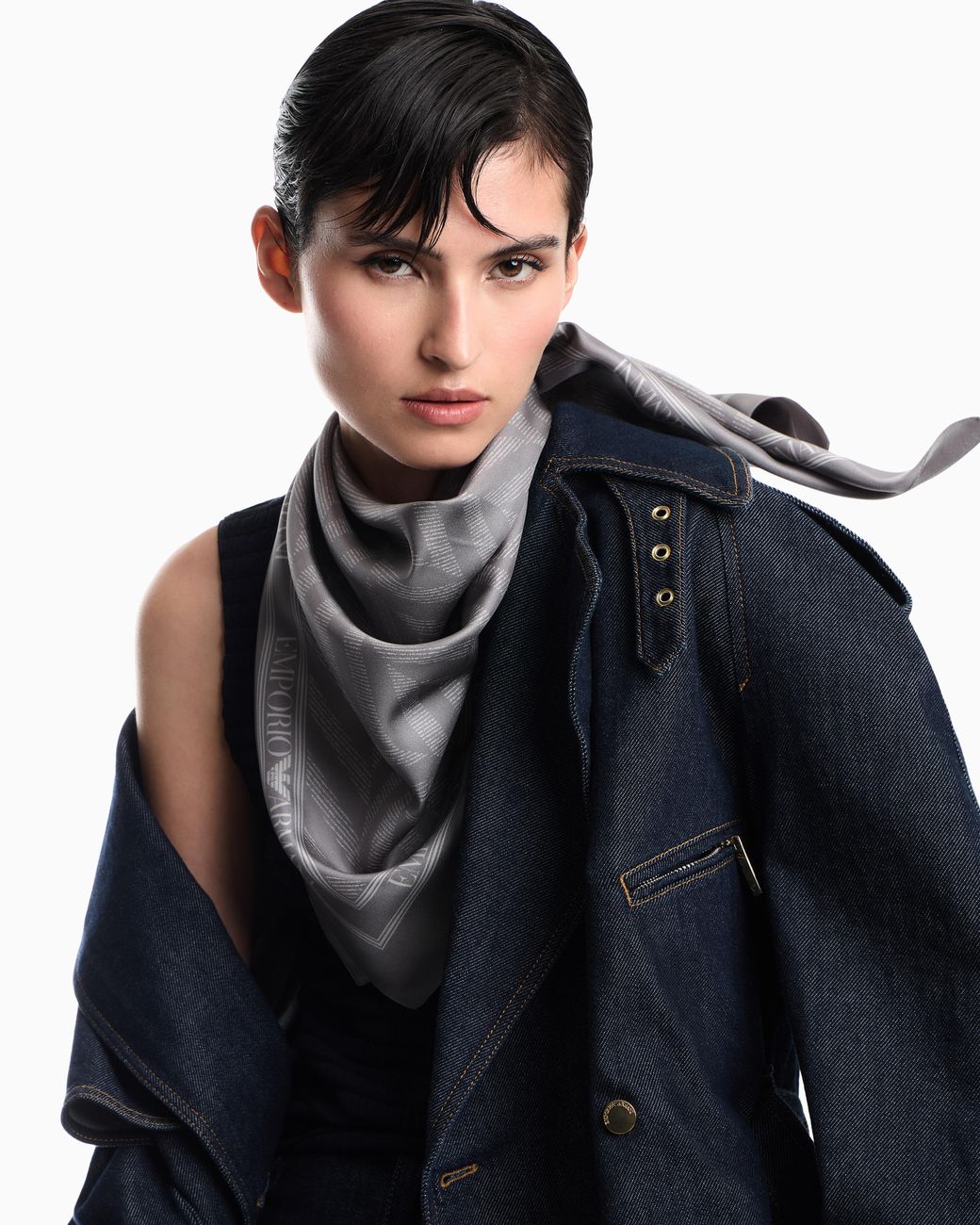 Emporio Armani Gray Pure Silk Twill Scarf With Chevron Print Signature Capsule