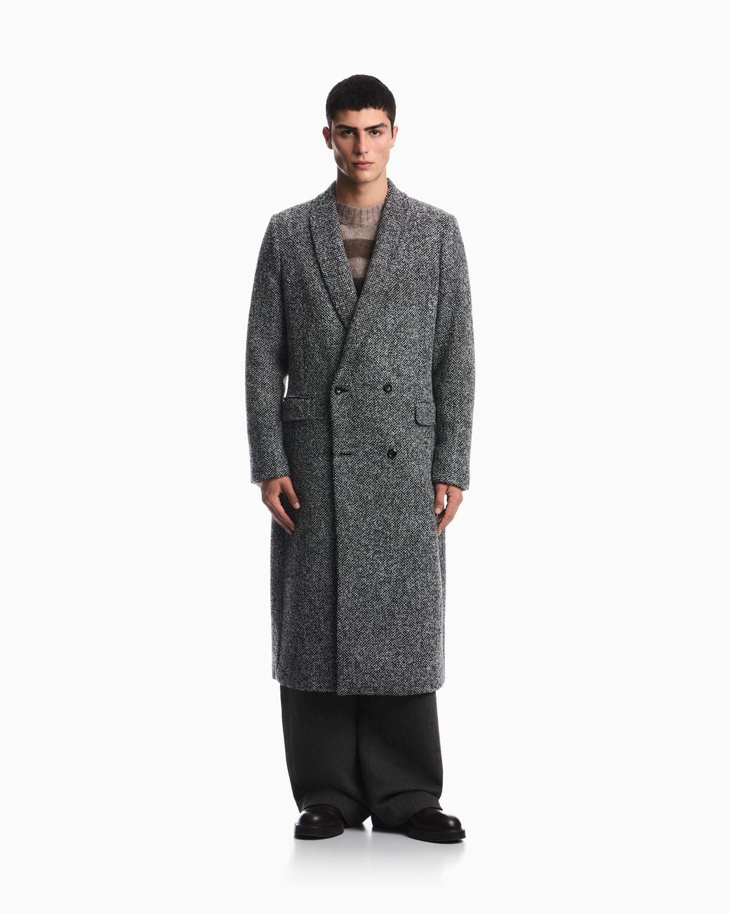 Emporio Armani Gray Herringbone Wool Blend Overcoat With Notched Lapels for men