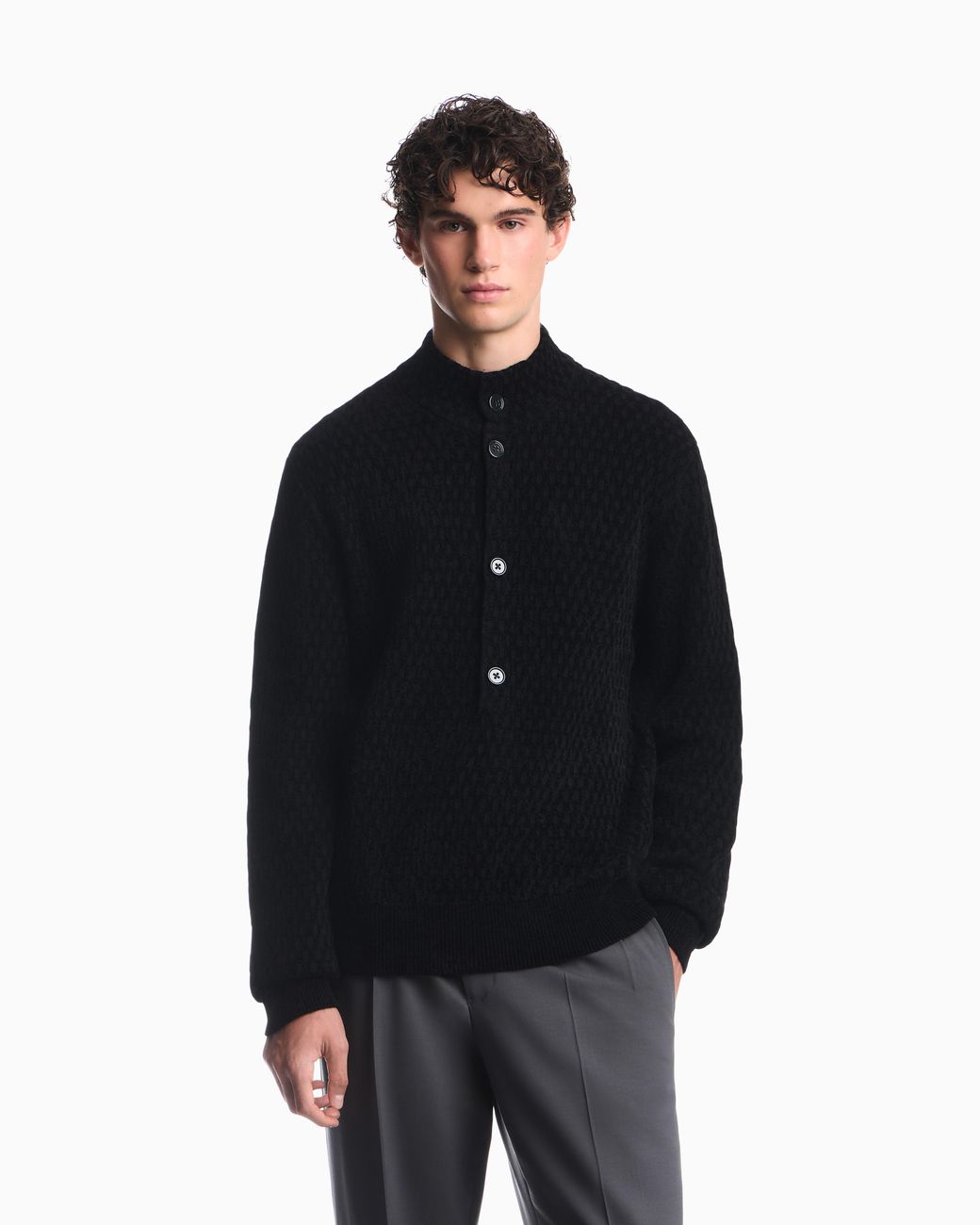 Emporio Armani Blue Signature Capsule Textured Virgin Wool Buttoned Sweater for men