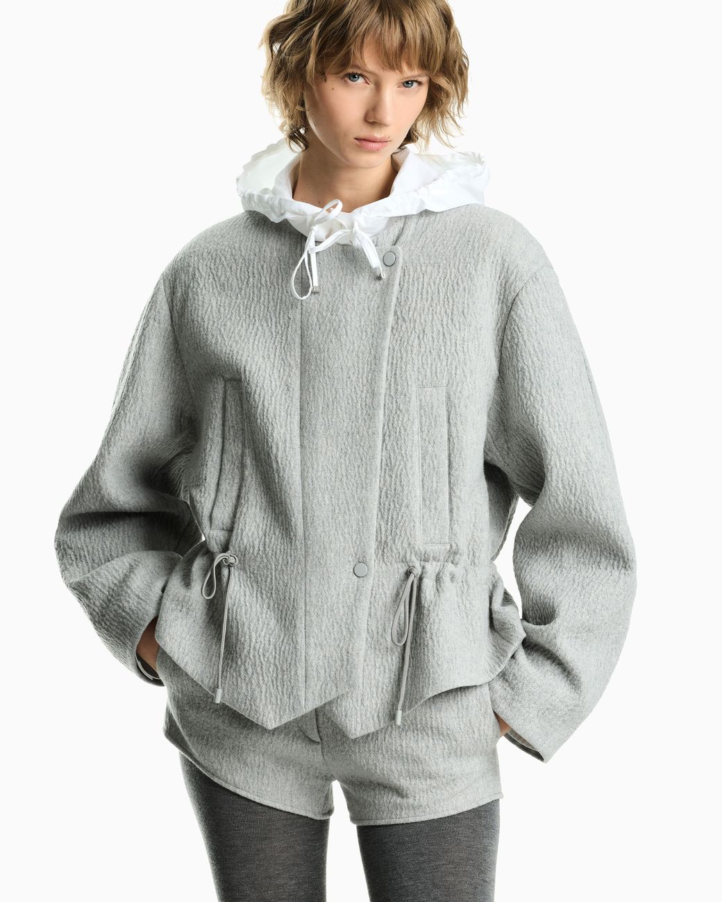 Emporio Armani Gray Wool Seersucker Blouson With A Drawstring Hood And Pockets