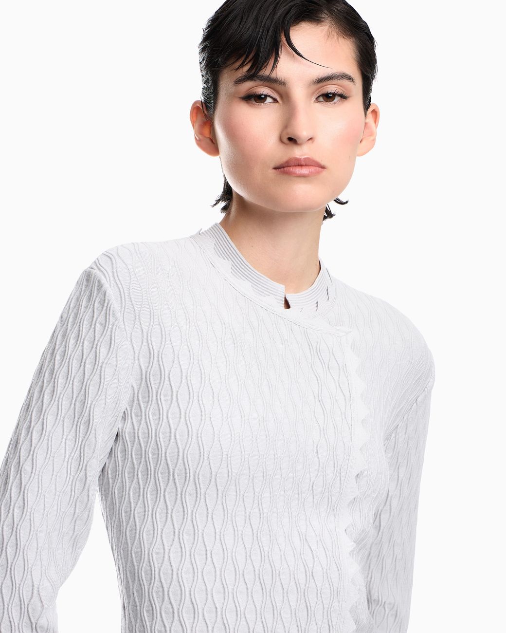 Emporio Armani White Double Ottoman Blazer With Wavy Texture And Scalloped Edges