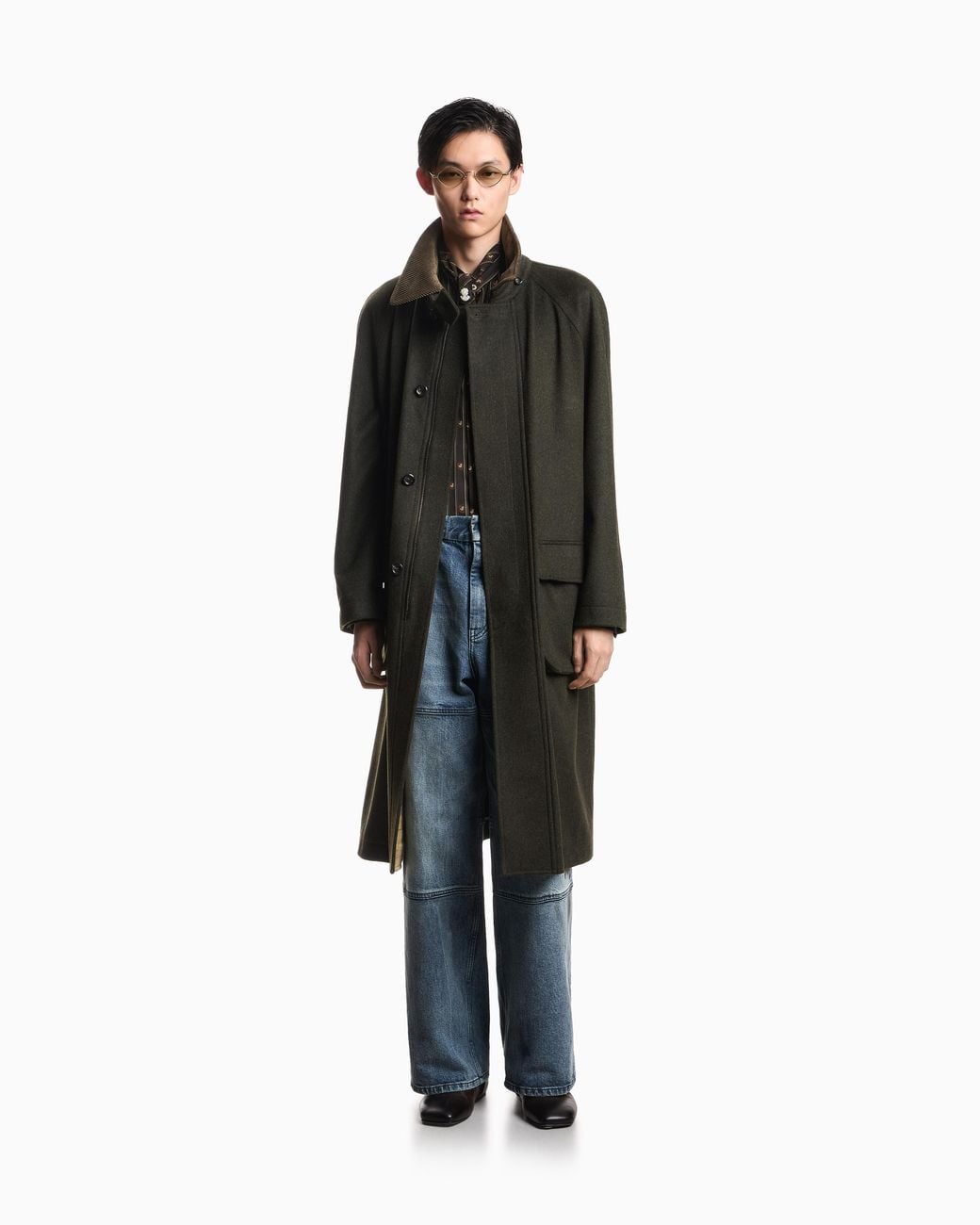 Emporio Armani Green Loden Coat With A Corduroy Collar And A Plaid Lining for men