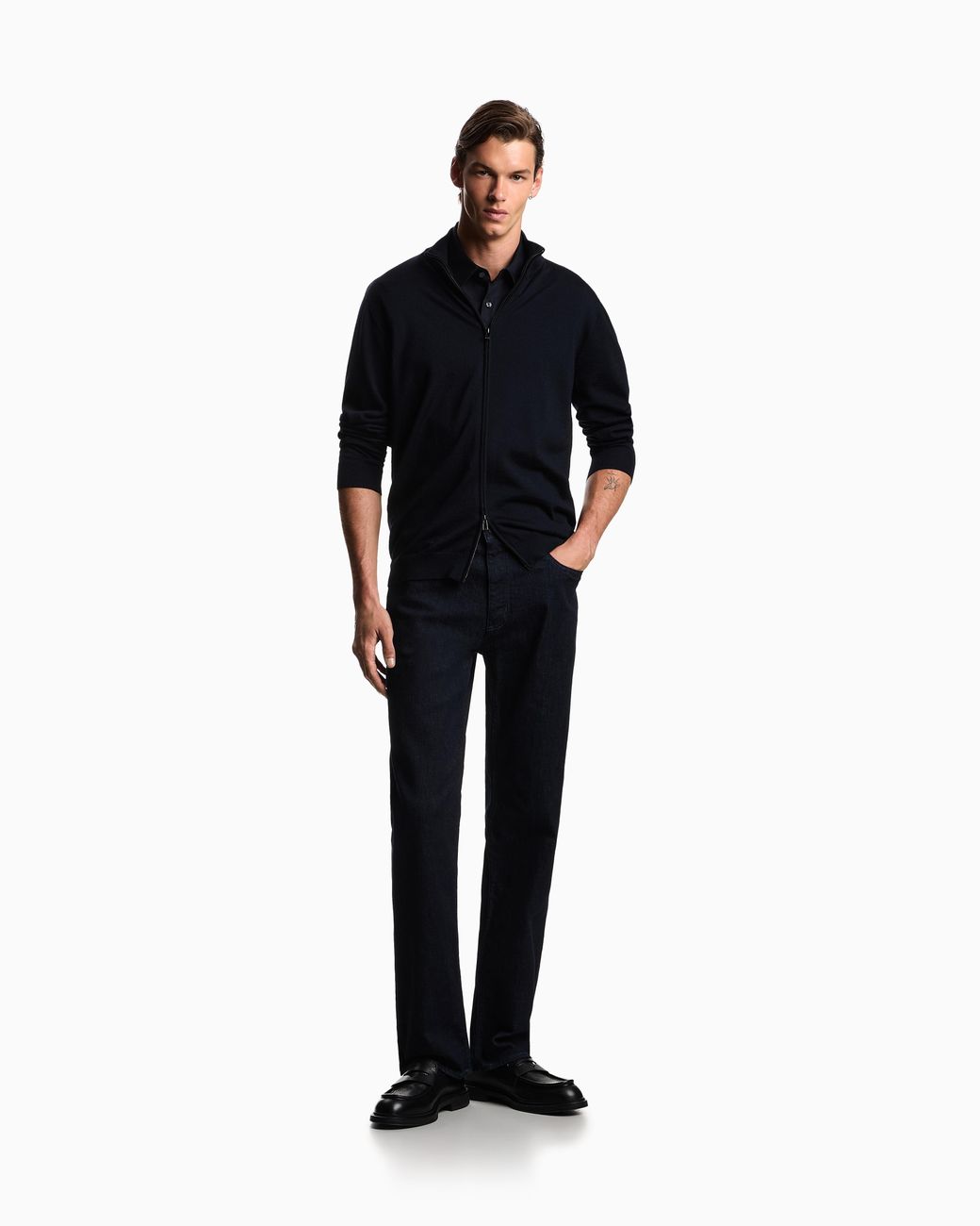 Emporio Armani Blue Plain-Knit, Virgin-Wool Full-Zip Cardigan for men