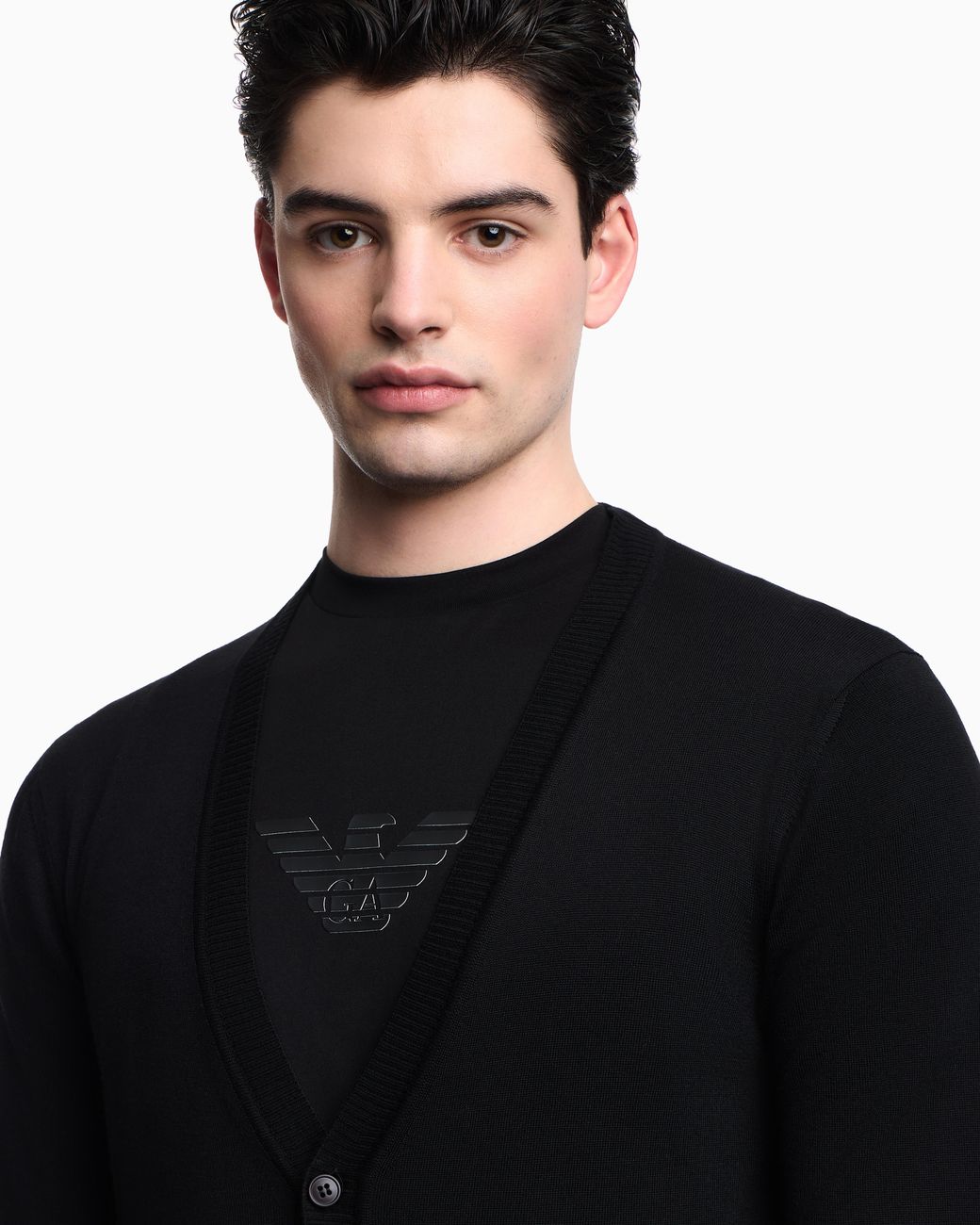 Emporio Armani Black Pure Virgin Wool V-Neck Cardigan for men