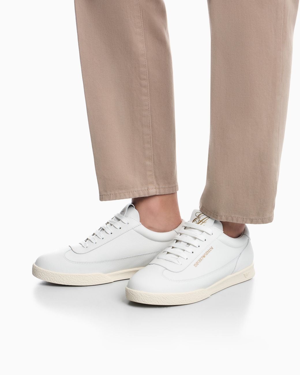 Emporio Armani White Leather Sneakers With An Embossed Logo And A Rubber Sole
