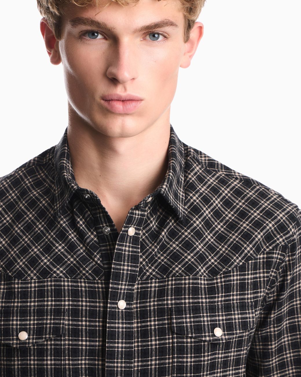 Emporio Armani Gray Long Sleeve Check Flannel Shirt With Two Chest Pockets for men