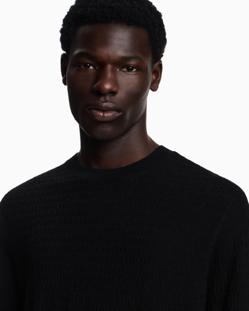 Emporio Armani Black Virgin-Wool Jumper With All-Over Jacquard Lettering for men