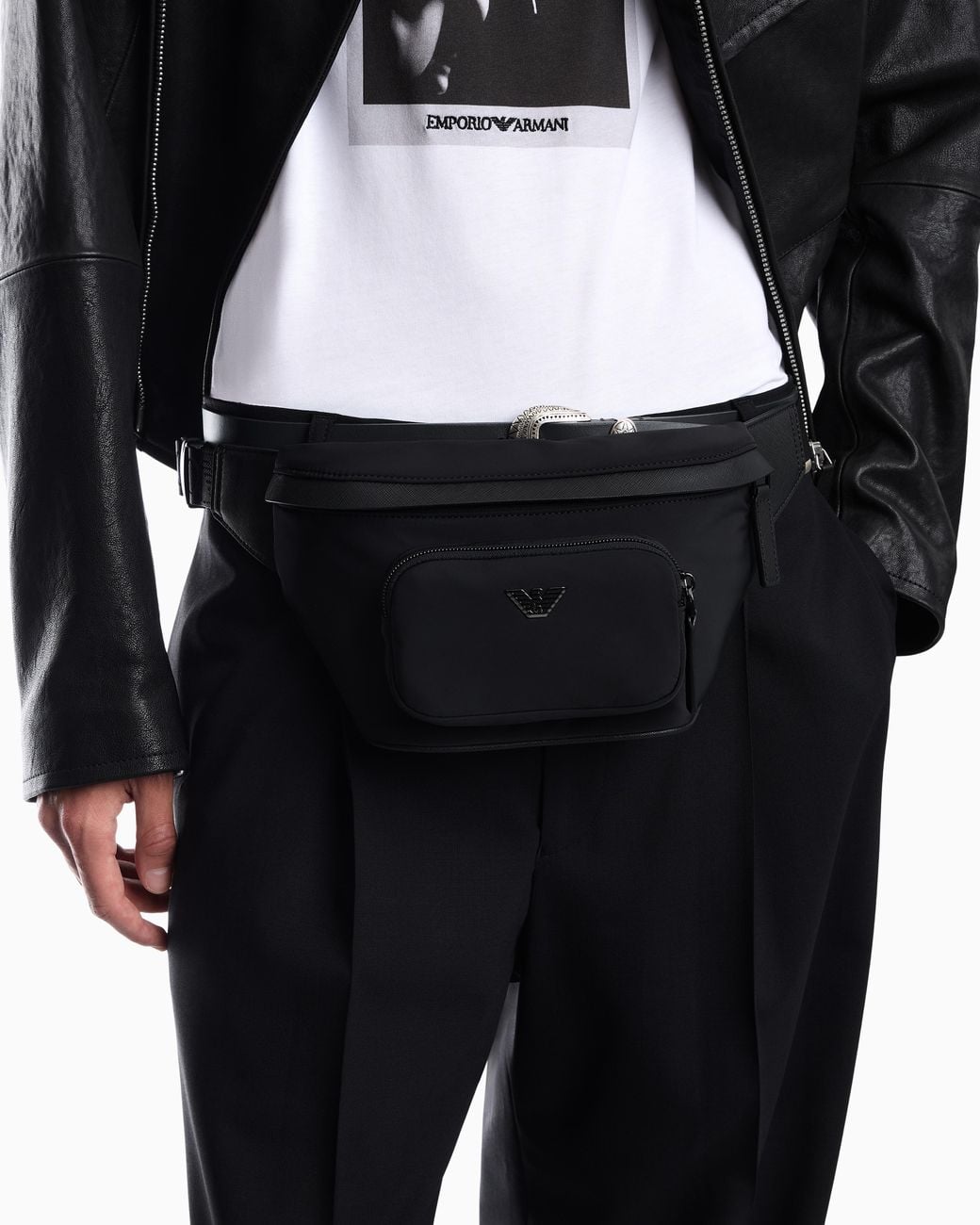 Emporio Armani Black Nylon Waist Bag With Metallic Logo And Front Pocket for men
