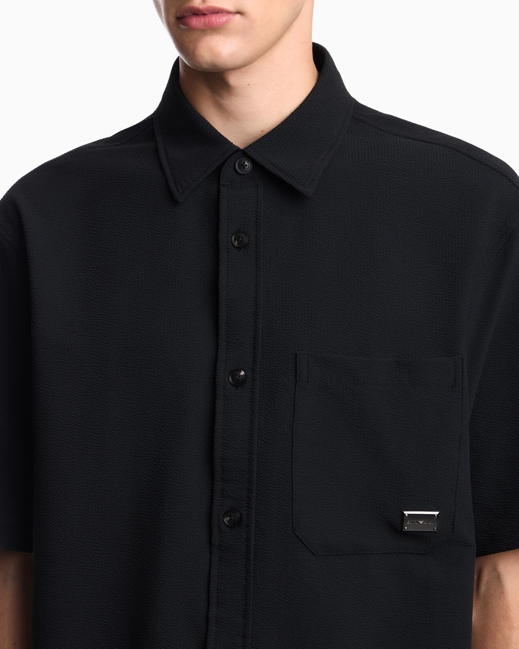 Emporio Armani Blue Seersucker Shirt With Down Padding And Rib Details for men