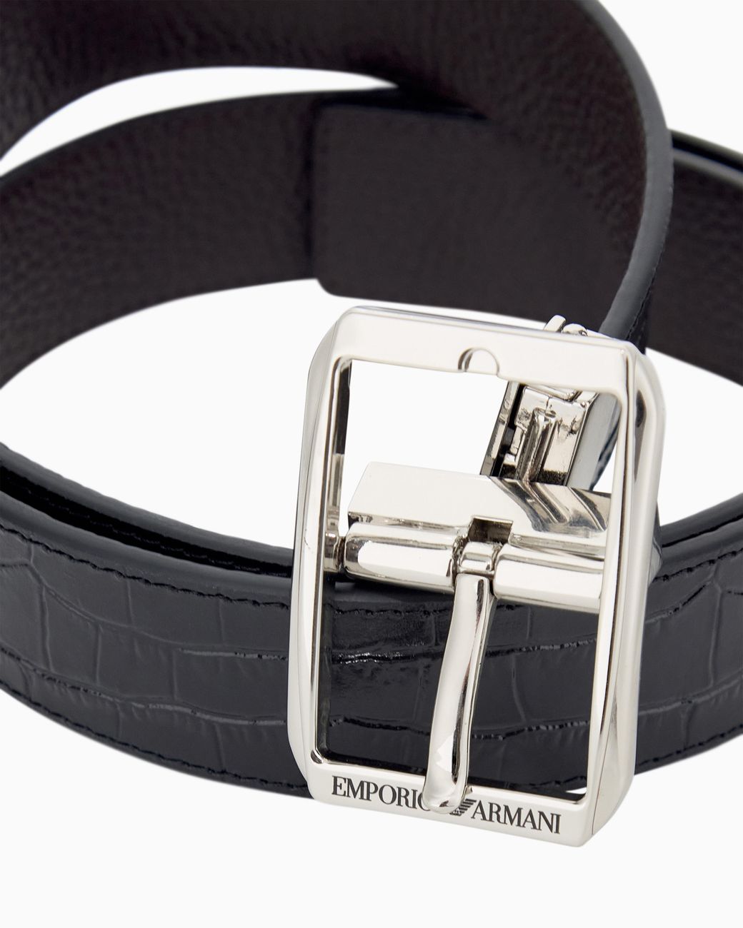 Emporio Armani White Leather Tongue Belt With Crocodile Print And Metal Buckle for men
