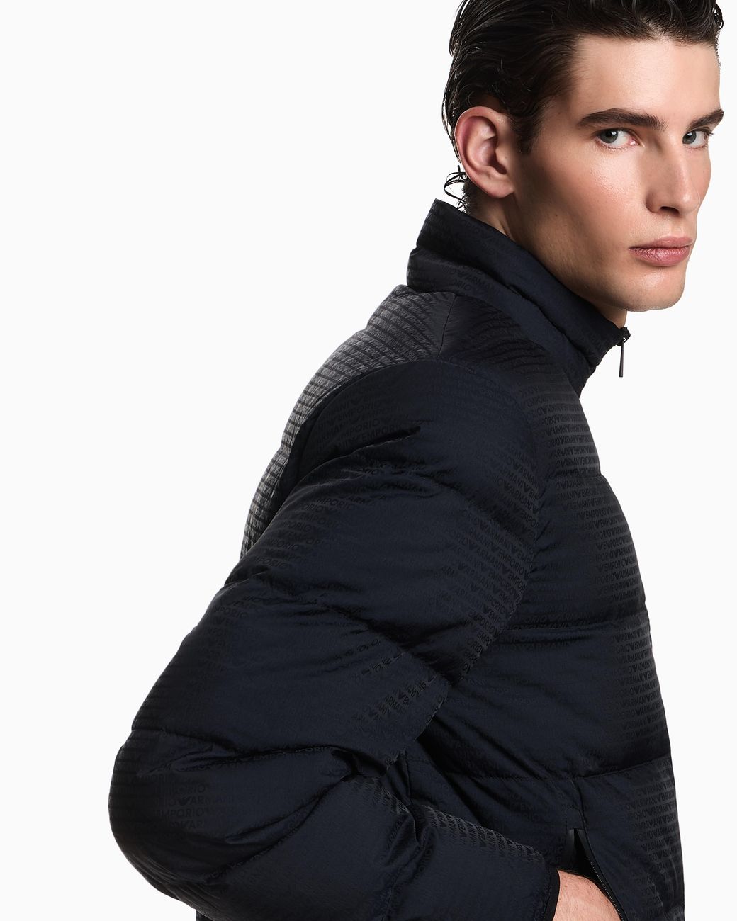 Emporio Armani Blue Water-Repellent, Quilted Nylon Down Jacket With Jacquard Logo Lettering for men