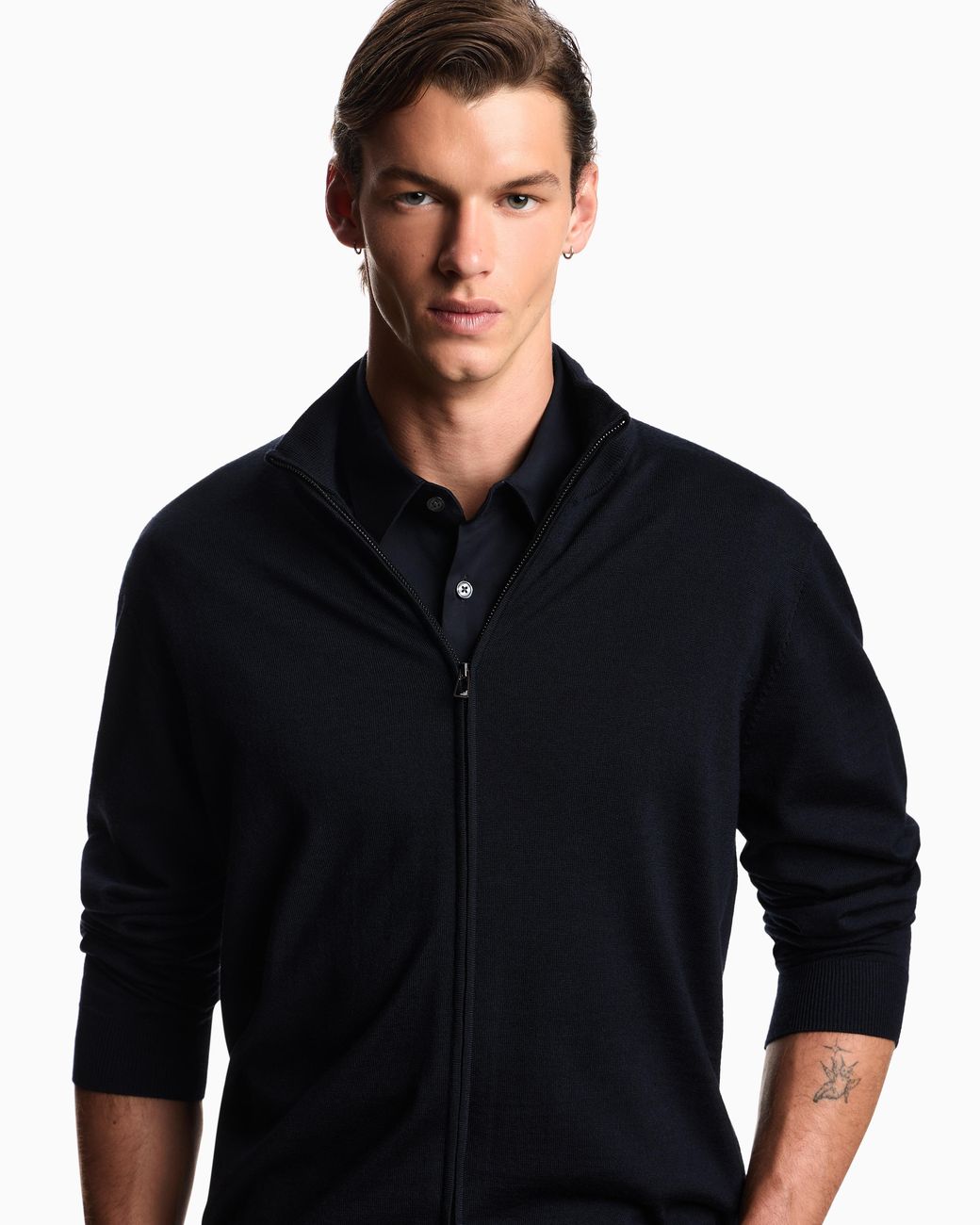 Emporio Armani Blue Plain-Knit, Virgin-Wool Full-Zip Cardigan for men