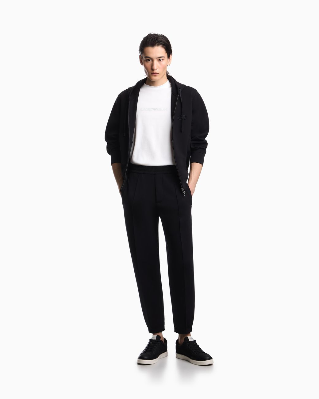 Emporio Armani Black Double Jersey Zip-Up Hooded Sweatshirt With Ea Logo Embroidery for men