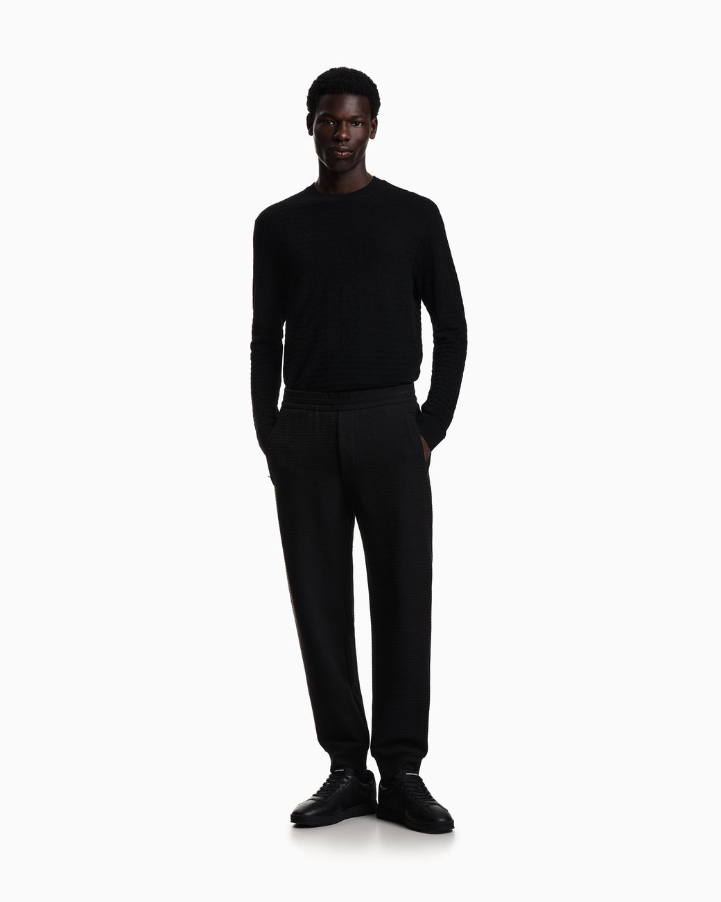 Emporio Armani Black Virgin-Wool Jumper With All-Over Jacquard Lettering for men