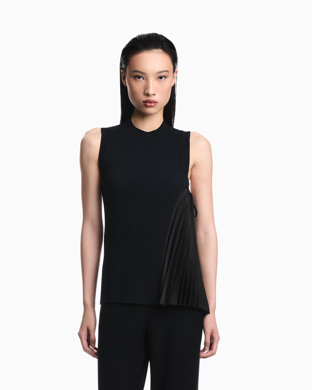 Emporio Armani Black Knit Top With Asymmetrical And Sleeveless Ribbed Design And Pleated Panel