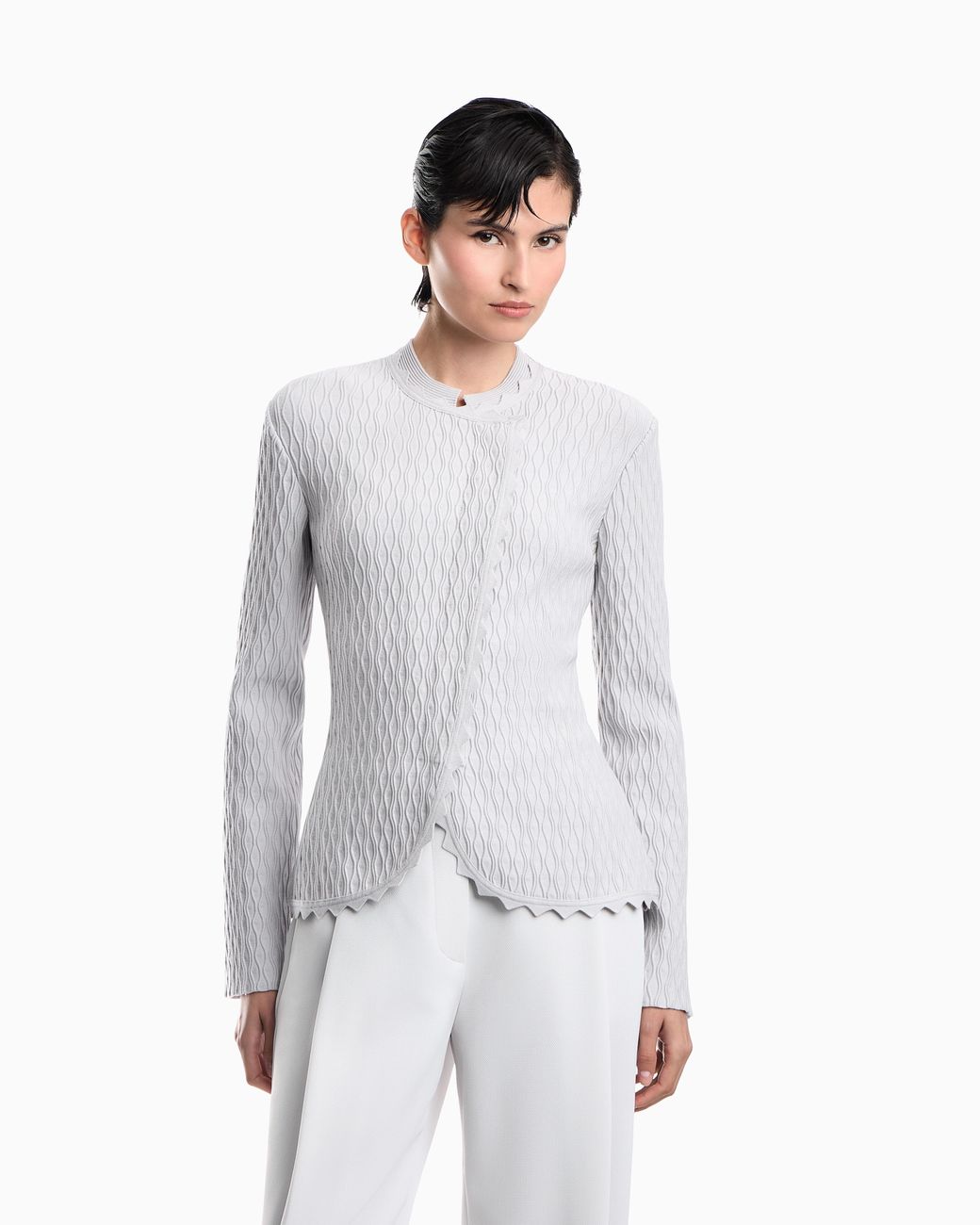 Emporio Armani White Double Ottoman Blazer With Wavy Texture And Scalloped Edges