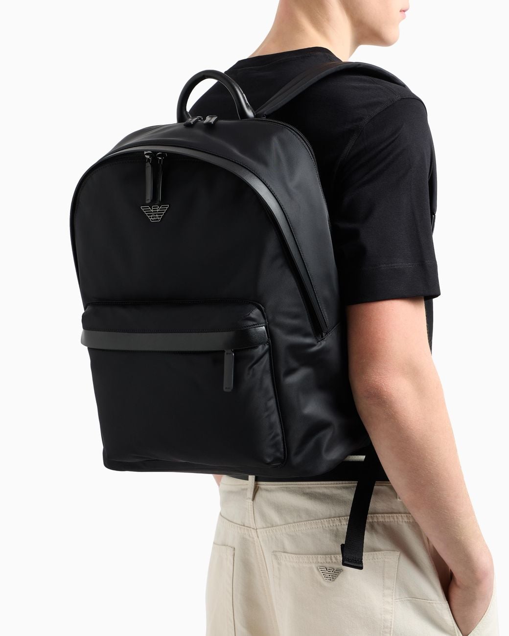 Emporio Armani Black Recycled Nylon Backpack With Zip And Leather Details for men