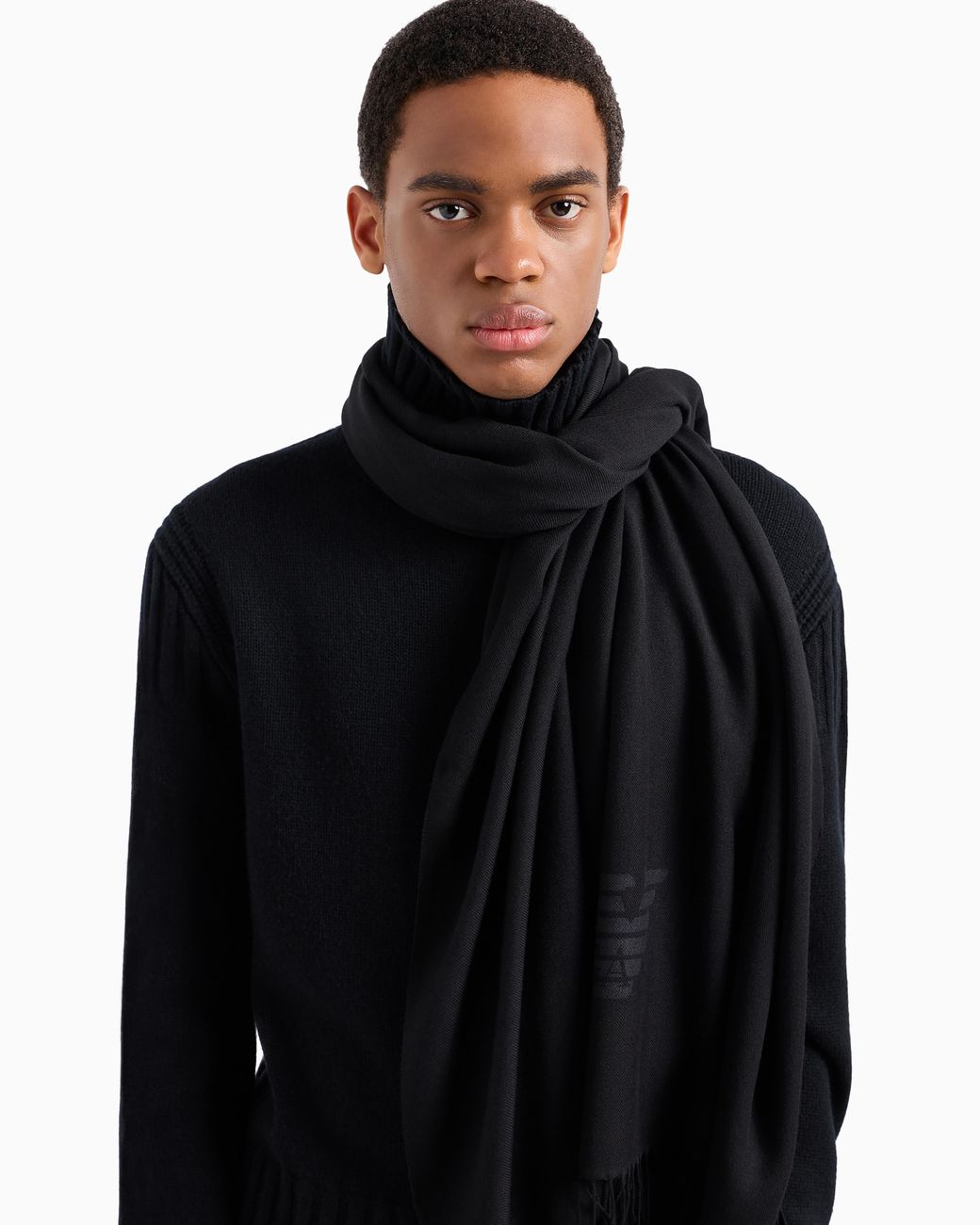 Emporio Armani Black Decorative Scarf Essential With Eagle Print And Fringes for men
