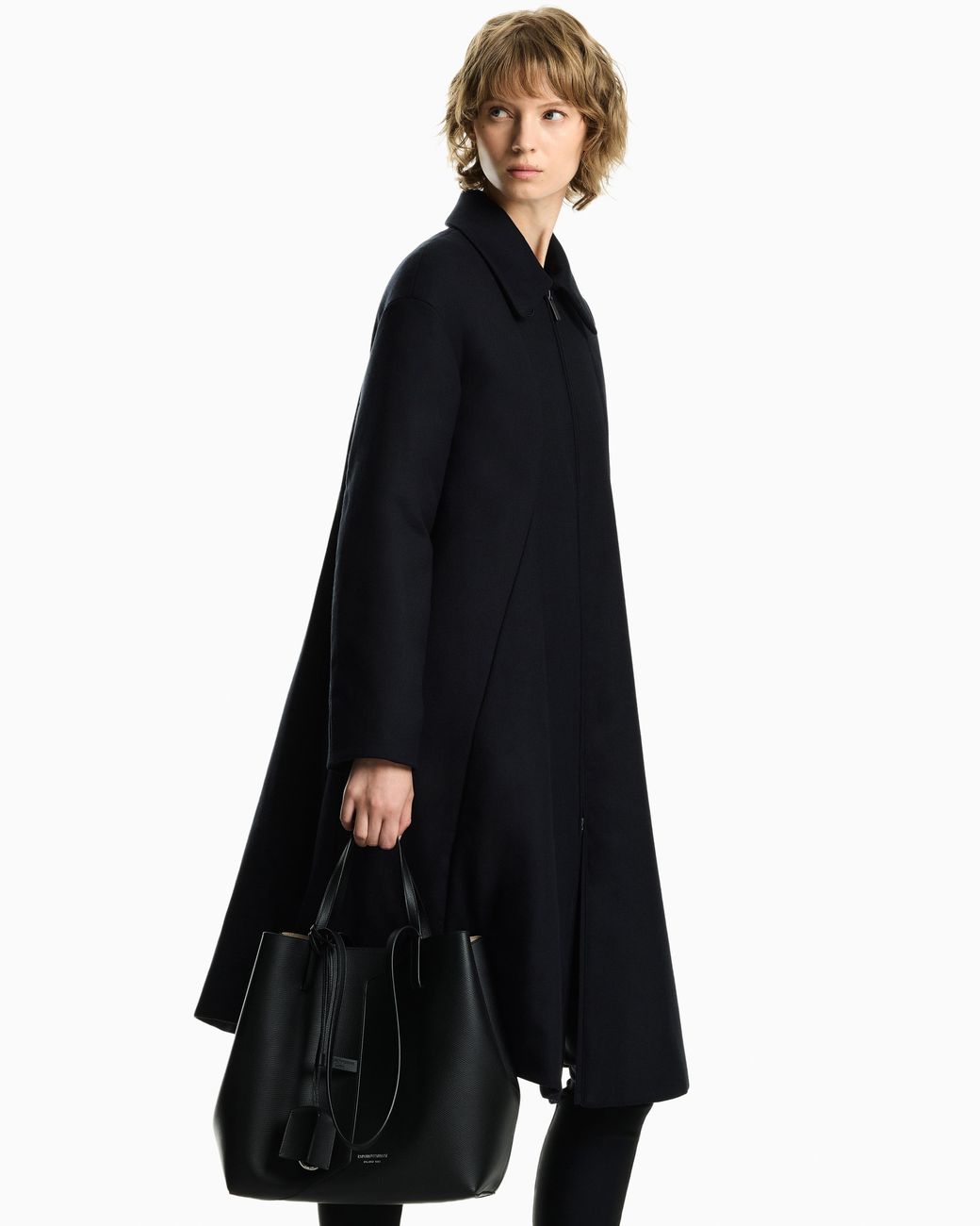 Emporio Armani Black Mixed Wool Twill Coat With Front Zip And Pointed Collar