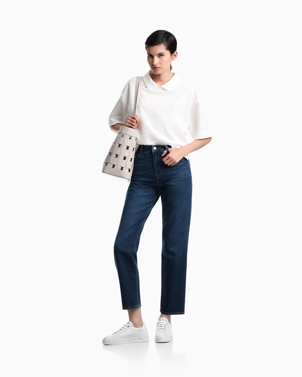 Emporio Armani White Short-Sleeve Shirt With Double Collar And Chevron Pattern