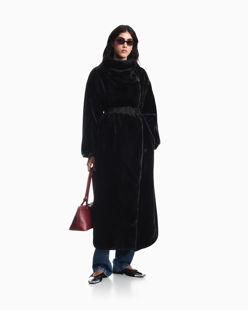 Emporio Armani Black Faux Fur Down Coat With High Collar And Waist Belt