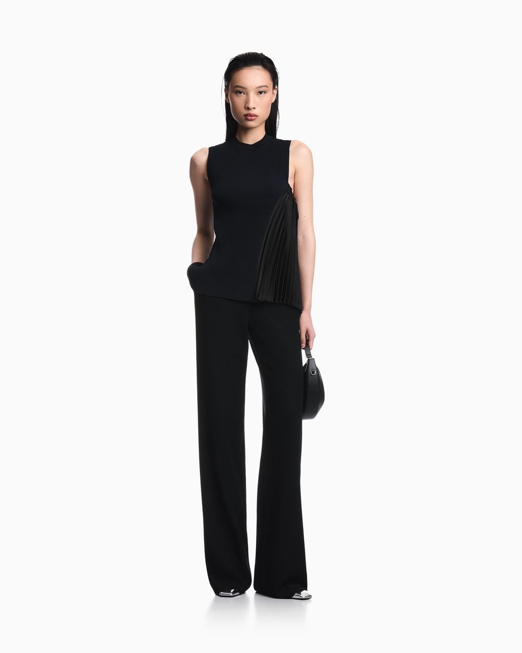 Emporio Armani Black Knit Top With Asymmetrical And Sleeveless Ribbed Design And Pleated Panel