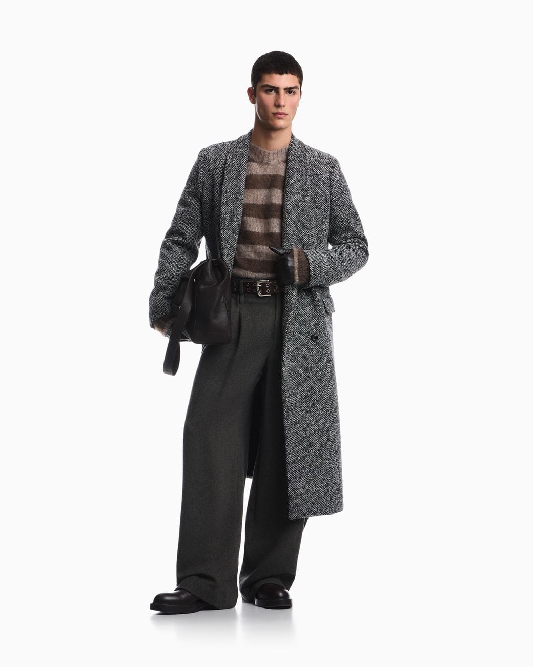 Emporio Armani Gray Herringbone Wool Blend Overcoat With Notched Lapels for men