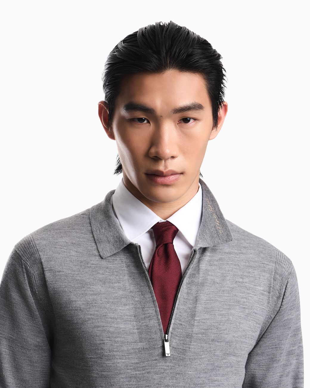 Emporio Armani White Silk Necktie With A Subtle Herringbone Pattern for men