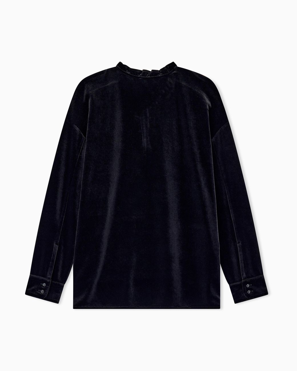 Emporio Armani Blue Chenille Jumper With Ruffled Neckline And Button Placket
