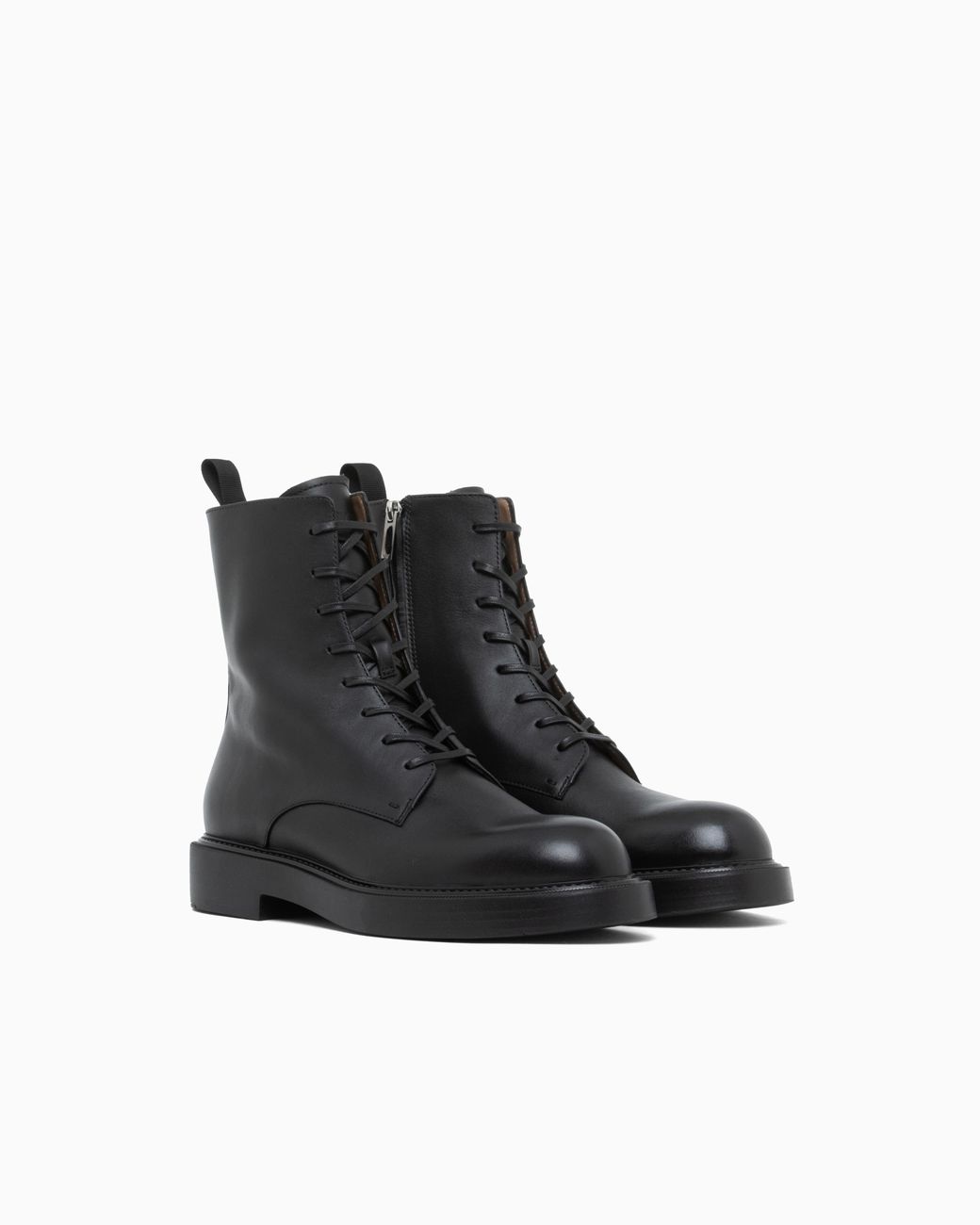 Emporio Armani Black Smooth Leather Lace-Up Combat Boots With Side Zipper for men