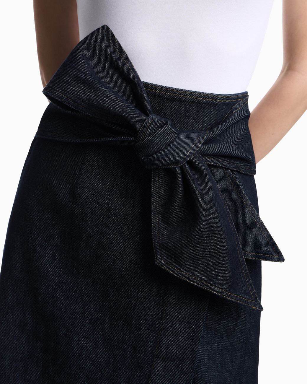 Emporio Armani Blue Cotton Denim Skirt With A Wide Waistband And Self-Tie Belt