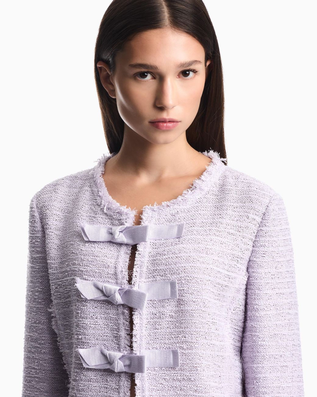 Emporio Armani Purple Unlined Textured Jacket With Ottoman Bows And Round Neckline